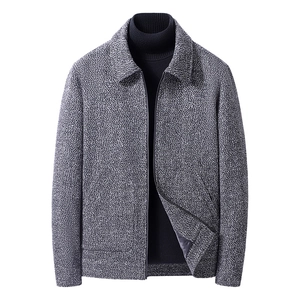 Men's grey herringbone wool jacket with lapel collar and zipper in business casual style