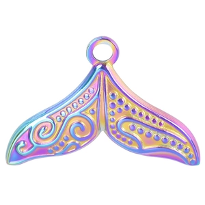Rainbow gradient stainless steel mermaid tail necklace pendant with textured metal finish
