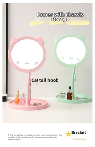 Cat ear makeup mirror with storage base and tail hook in pink and mint green