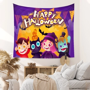 Close-up of Happy Halloween tapestry with cartoon pumpkin, witch and vampire