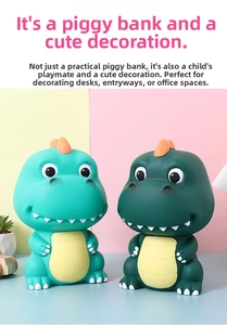 Detailed view of mint and dark green cartoon dinosaur piggy banks with cute 3D features