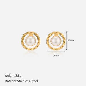 Elegant 16mm stainless steel golden hoop earrings with white pearl detail for women