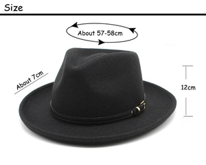 Size chart for black felt fedora hat with dimensions for head girth, brim and height