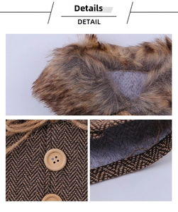 Macro detail of Christmas wine bottle cover featuring plaid fabric and faux fur collar