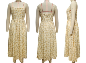 Three-view layout of yellow floral midi dress showing front, back, and side square neck design