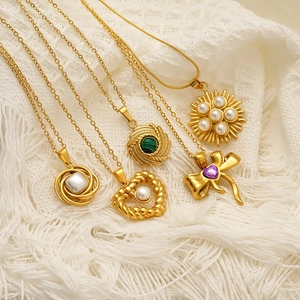 Pendant Necklace 18K Gold Plated 304 Stainless Steel With Artificial Pearl Zircon Malachite Vintage Style For Women Waterproof