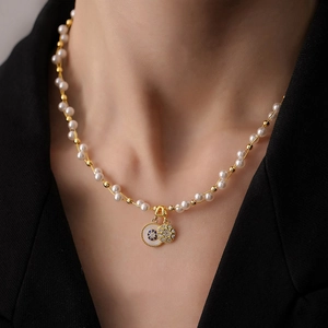 Collier Pendentif Plaqué Or 18K Vintage Français pour Femmes Luxe Perle Artificielle Zirconia Rond Double Charme Colliers Bijoux