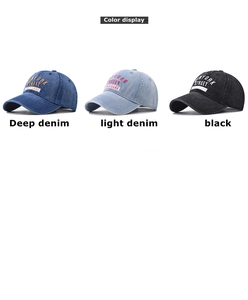 Three washed denim baseball caps in deep blue, light blue, and black with embroidery