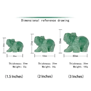 Natural green aventurine crystal elephant figurines in three sizes on white background