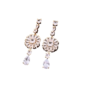 Elegant gold drop earrings with sparkling flower crystals and water drop pendants