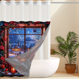 Détail du rideau de douche de Noël en tissu imperméable avec paysage d'hiver 3D festif