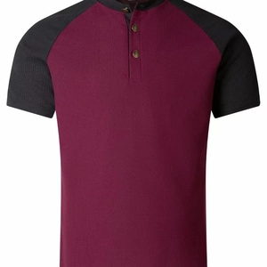 T-shirt Henley estiva da uomo in maglia a nido d'ape bordeaux con maniche raglan nere