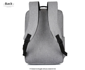 Rear view of grey business laptop backpack featuring adjustable straps and carry handle