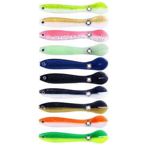 Vertical display of 10 colorful soft frog fishing lures with realistic eyes and sequins