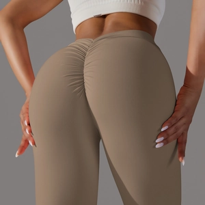 Close-up of mocha brown high waist yoga leggings featuring scrunch butt lifting detail