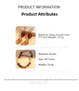 Detail view of acrylic oval beaded necklace and earrings with amber vintage texture
