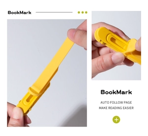 Auto-follow page silicone bookmark showing side profile and press-to-use detail view