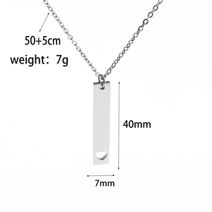 Detailed size chart of stainless steel rectangle bar necklace with heart cutout