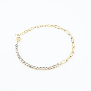 Bracelet en acier inoxydable doré 18K avec zircons clairs et maille trombone
