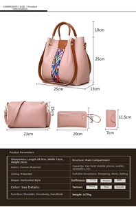 Detailed dimension chart for 4-piece fashion handbag set with specific size measurements
