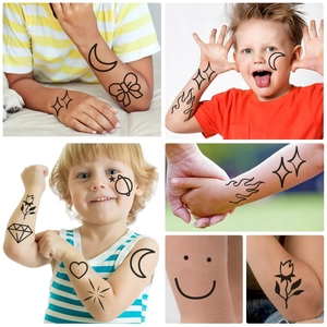 Collage of kids wearing cartoon moon, star, and heart waterproof temporary tattoos on skin