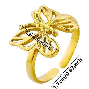 Detailed view showing dimensions of butterfly open ring in gold stainless steel
