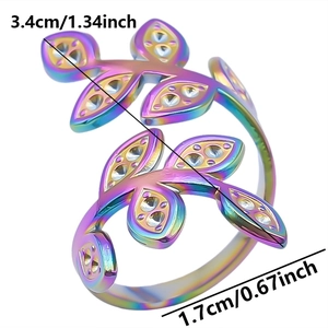 Macro detail of rainbow stainless steel leaf ring showing 3.4cm height and zircon inlay