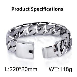 Polished stainless steel 20mm Cuban chain bracelet with heavy square clasp and flat links
