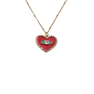 Golden necklace with a red heart evil eye pendant and colorful zircon stones on white