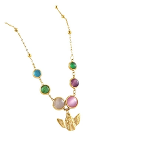 Bohemian gold necklace with colorful cat-eye stones and an angel wing pendant charm