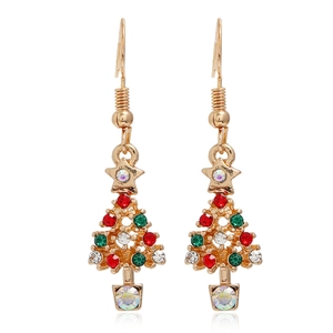 Detail of Christmas tree drop earrings featuring colorful rhinestones and gold alloy base