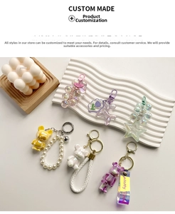 Detail showing acrylic keychain parts with purple bear and star charms for DIY crafts