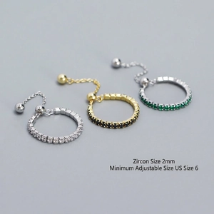 Adjustable stackable S925 silver rings set with 2mm glittering cubic zirconia stones