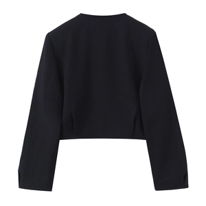 Rear view of women's short black blazer with long sleeves and gold buttons details