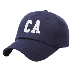 Unisex navy blue cotton baseball cap with white embroidered CA letters on white background