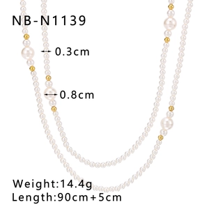 Detail of 18K gold-plated necklace showing 0.3cm and 0.8cm pearl and bead dimensions