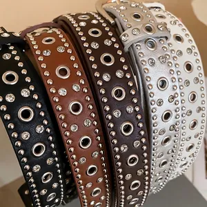 Retro punk leather belts with metal rivets and rhinestone studs in five assorted colors