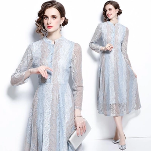 Abito Midi Elegante In Ricamo Di Pizzo Collo Alto Manica Lunga Patchwork Floreale Linea A Per Donna