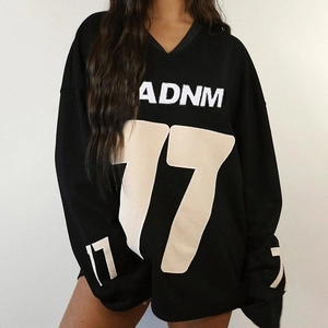 Women Oversized V Neck Sweatshirt Polyester Spandex Blend Long Sleeve Streetwear Letter Number Print Pullover