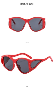 Front and side view of Y2K red flame frame sunglasses with black lenses on white background