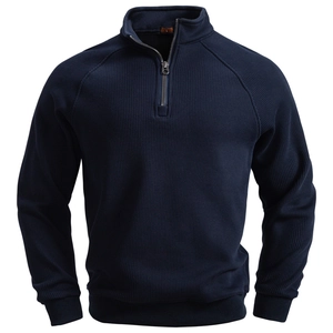 Close-up of navy blue men's sweater with vertical ribbed knit and high-quality zipper