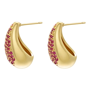 18K gold plated teardrop stud earrings with pave-set red zircons in a semi-hoop design