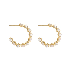 Gold C-shaped hoop earrings with cat-eye stones and cubic zirconia, S925 silver needle
