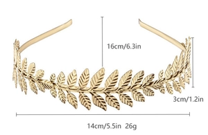 Detailed dimensions of gold Greek goddess leaf headband crown with weight specifications