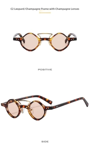 Detail view of leopard print punk sunglasses with champagne lenses in two perspectives