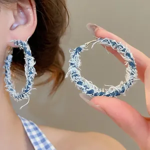 Denim Fabric Large Hoop Earrings With 925 Sterling Silver Earring Post Frayed Edge Bohemian Retro C Shaped Jewelry For Women