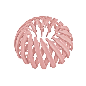 Close-up of pink matte expandable bird nest hair ring with telescopic grid structure