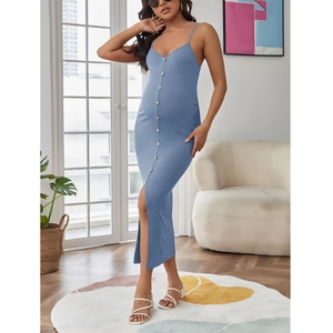 Close-up of blue ribbed maternity dress featuring button detail and side slit design