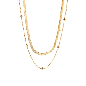Elegant 18K gold-plated double-layer herringbone necklace with delicate gold beads