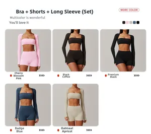 Three-piece yoga set featuring sports bra, shorts, and long sleeve top in five colors